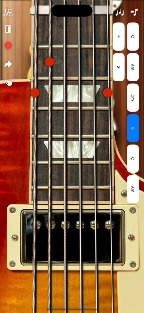 Guitar Elite-Chord Play Center - Interfaz de guitarra eléctrica virtual con botones de selección de acordes y posiciones de dedos en el diapasón