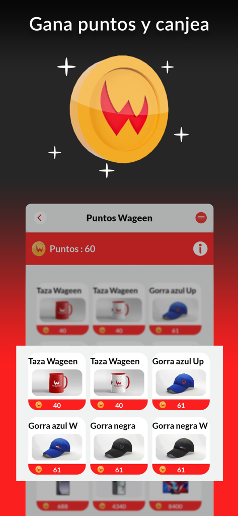 Wageen: Pide tu viaje - The Wageen app interface showing user points and rewards catalog for mugs and caps.