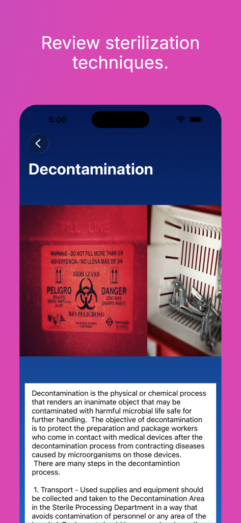 Surgical Instrumentation - An educational screen from the Surgical Instrumentation app explaining the decontamination and sterilization process for medical equipment.