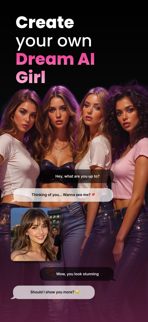 Ourdream – AI Girlfriend - Uno schermo che mostra l'opzione per creare una ragazza IA personalizzata con avatar di personaggi realistici e messaggi di chat