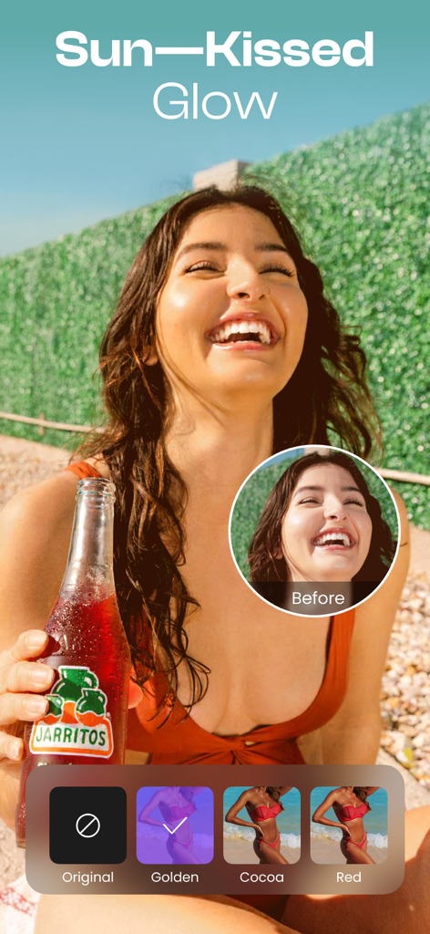 Starii-AI Beauty Editor - A woman smiling and demonstrating the sun-kissed glow skin enhancement filter in the Starii app