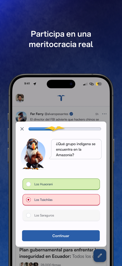 Transforma. - Interface de question de quiz sur la méritocratie de l'application Transforma