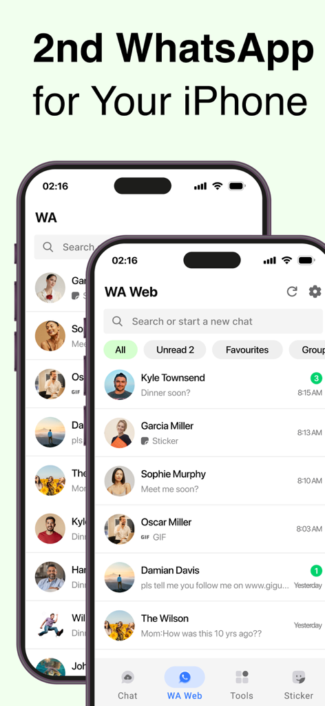 Recover Deleted Messages WARM - Interface showing the dual messenger feature for running two WhatsApp accounts on one iPhone.
