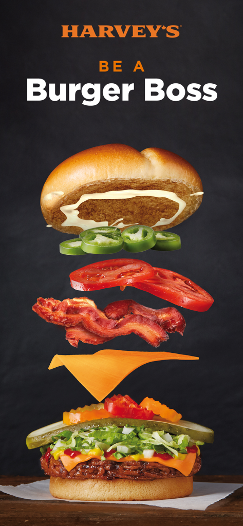 Harvey's - Deconstructed Harvey's burger showing fresh ingredients and the slogan Be A Burger Boss