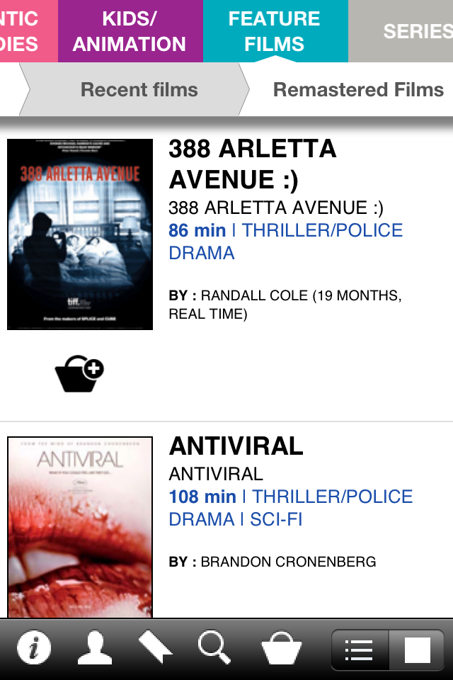 TF1 International - Interfaz de la aplicación B2B de TF1 International mostrando una lista de largometrajes con pósteres y detalles de duración