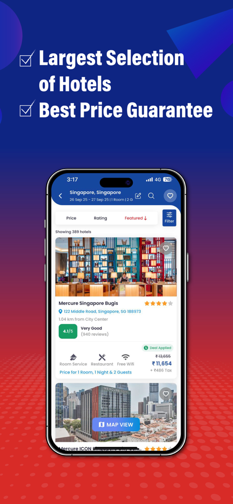 AkbarTravels: Flights & Hotels - Interfaz de la aplicación móvil Akbar Travels que muestra listados de hoteles en Singapur con detalles de precio y calificación