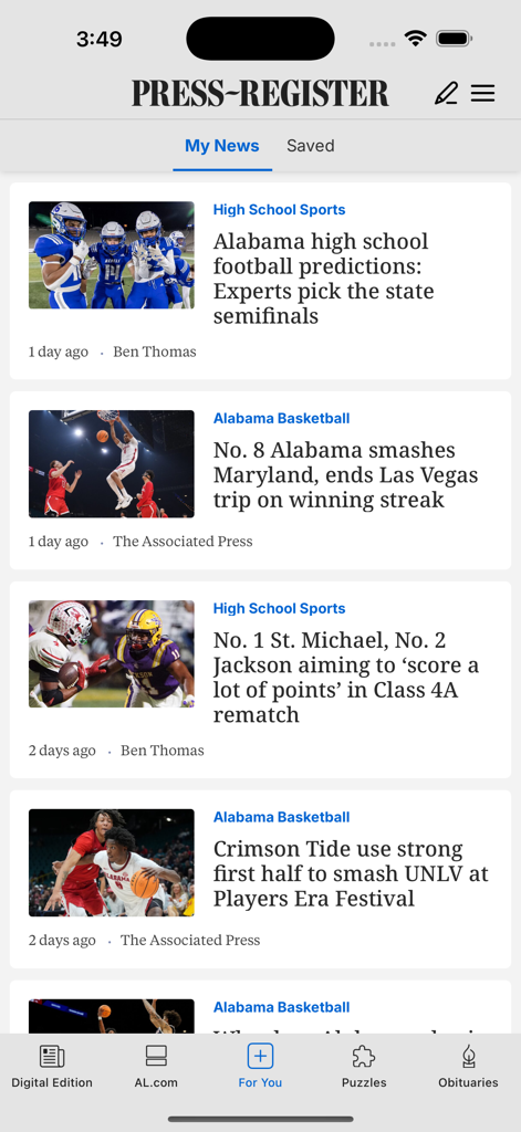 The Press-Register - The Press-Register app news feed showing local Alabama high school and college sports headlines