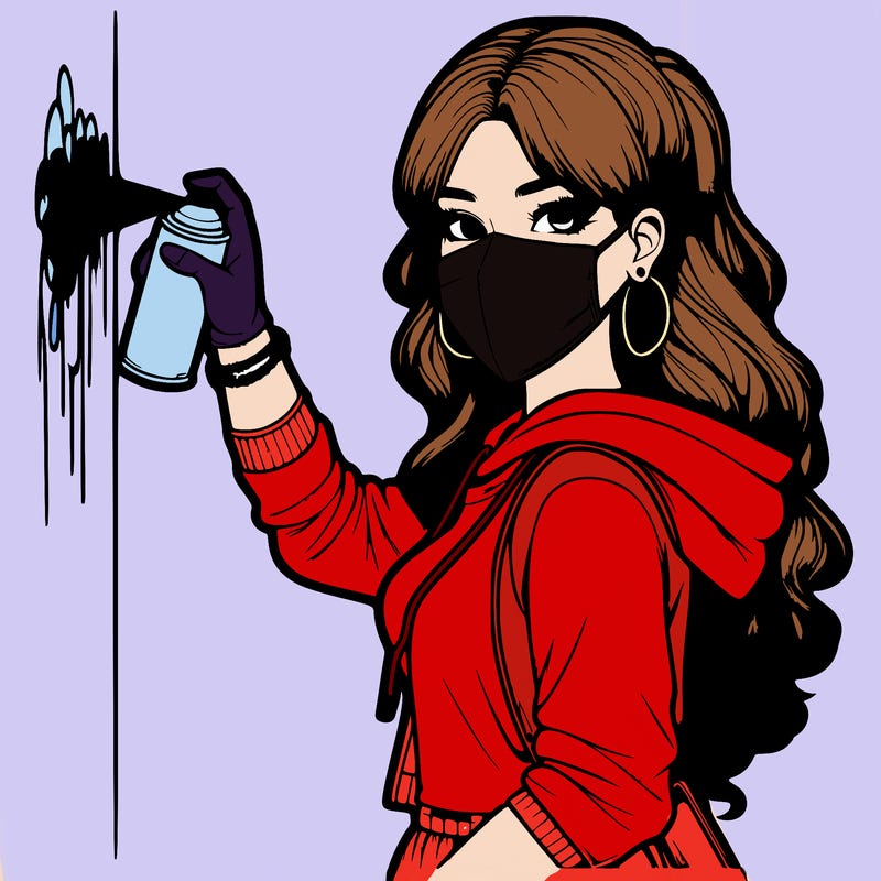 realistic girl with mask spray painting a wall