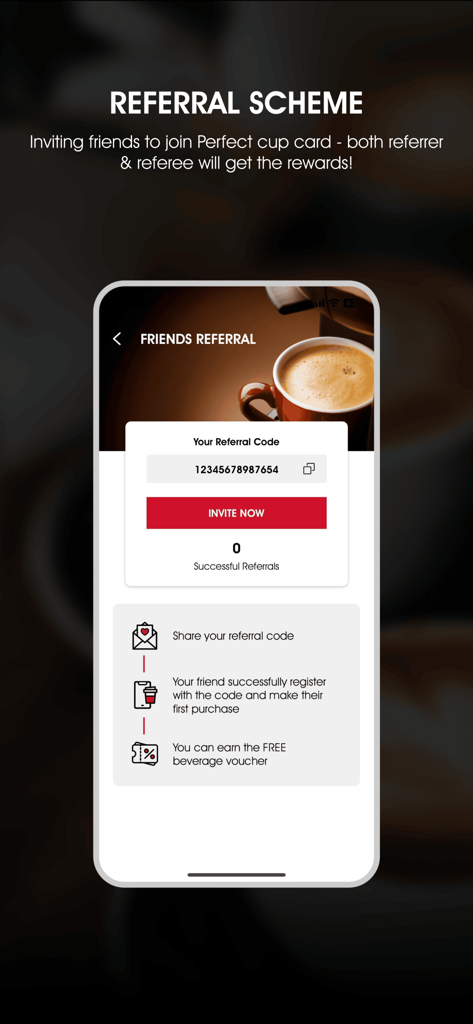 Pacific Coffee Hong Kong - Pacific Coffee referral scheme interface showing how to earn rewards by inviting friends