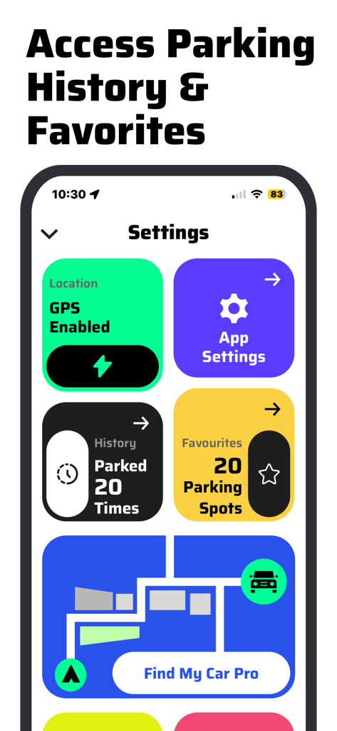 Find My Car app screen displaying parking history and favorite spots