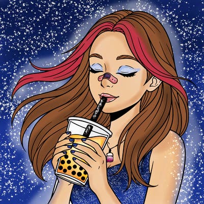 make a girl drinking boba tea with long hair and a bandage on her nose. make it a close up.