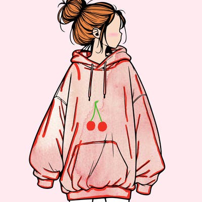 realistic girl with a oversized sweatshirt on and a bun
