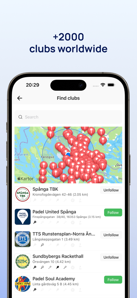 PadelFast - Americano Padel - PadelFast app screen showing a map and list of over 2000 padel clubs worldwide.