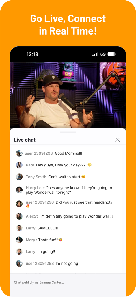 Gan Jing World - A live video stream showing a man on a podcast with a real-time community chat section below in the Gan Jing World app.