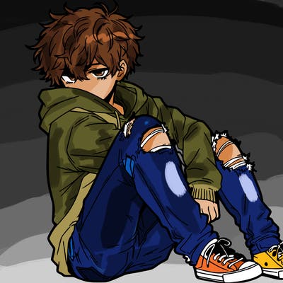 a male hoddie ripped jeans messy hair anime