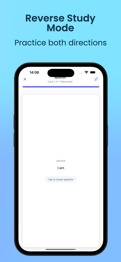 Spaced Repetition - Flashcards - Interface of the Spaced Repetition Flashcards app illustrating the reverse study mode feature