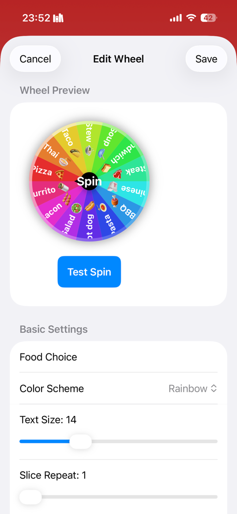 Wheel of Names - Custom Wheel - The Edit Wheel screen showing customization options like text size and color scheme for a food decision wheel