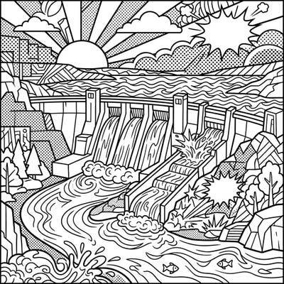 Experience the power and artistry of this unique Pop Art Dam coloring page. With its bold outlines and dynamic patterns, it offers an exciting canvas for your imagination to flow.