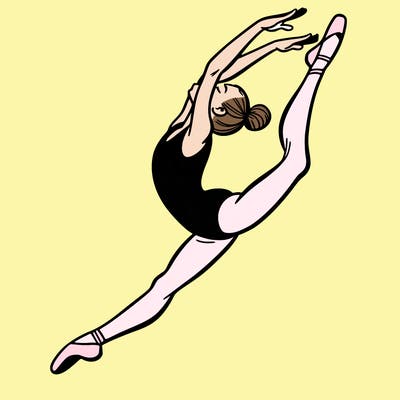 gymnast doing a leap in a leotard with a bent back leg