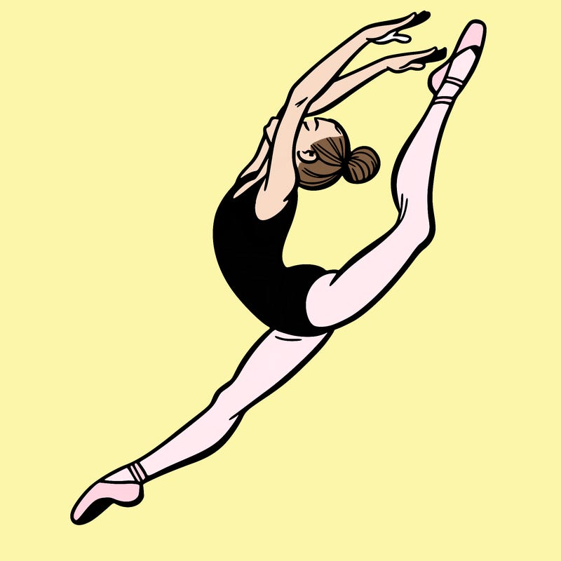 gymnast doing a leap in a leotard with a bent back leg