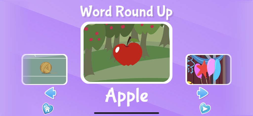 Educational Word Round Up feature in the My Little Pony Party of One app displaying the word Apple