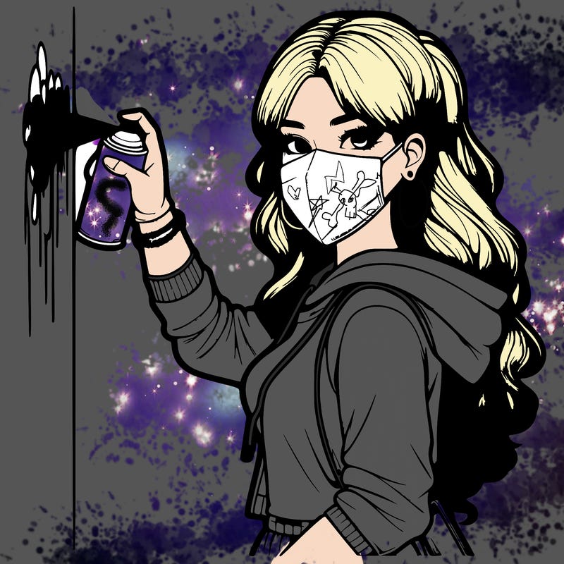 realistic girl with mask spray painting a wall