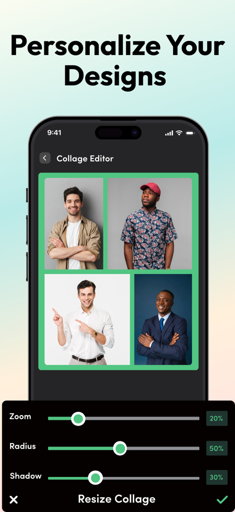 Photo Grid - Pic Collage Maker - Photo Grid collage editor showing a 4-photo layout and sliders for zoom, radius, and shadow adjustments