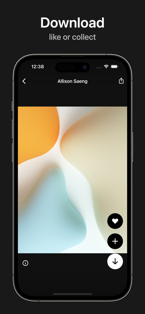 Unsplash app interface showing an abstract photo with options to download like and collect