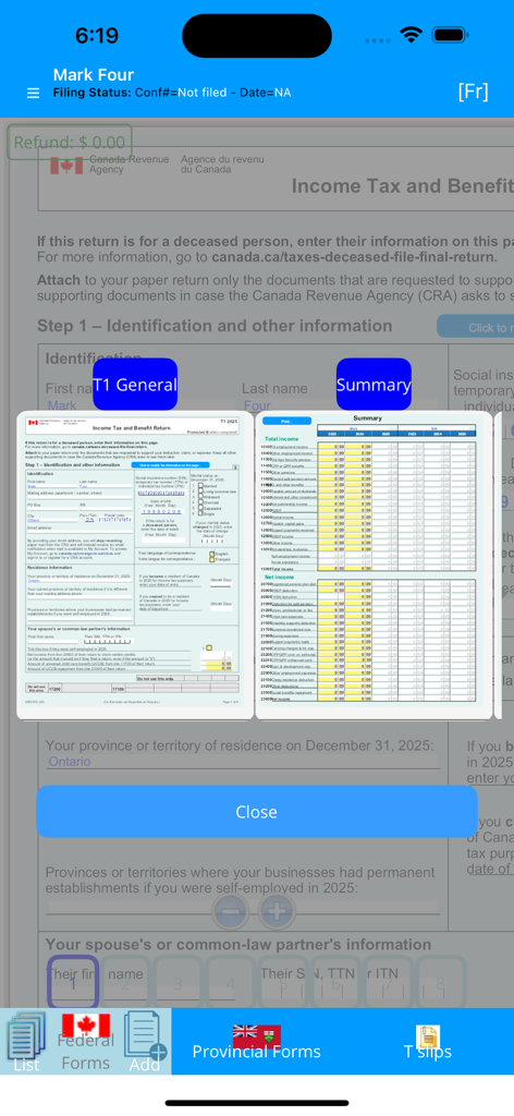 StudioTax 2025 - Interfaz de StudioTax 2025 que muestra las pantallas de vista previa del resumen fiscal y la T1 General