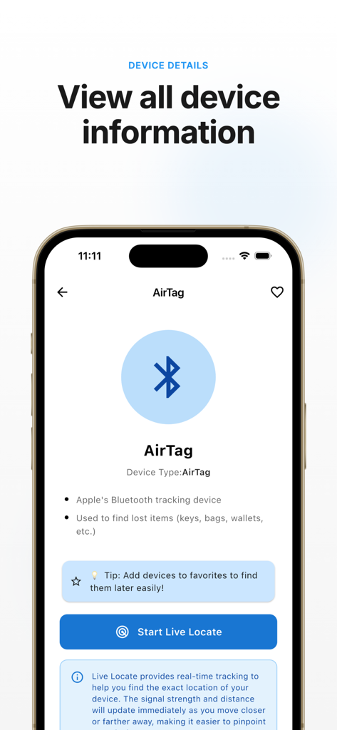 Tracker Detect + - Device details view in Tracker Detect plus showing AirTag information