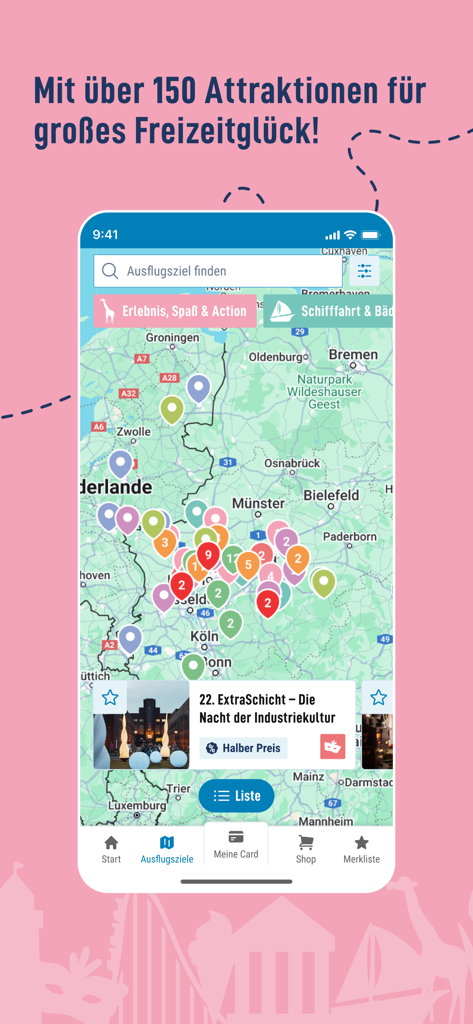 RUHR.TOPCARD - Interaktive Karte in der RUHR.TOPCARD-App, die über 150 Ausflugsziele und Attraktionen mit Filteroptionen anzeigt