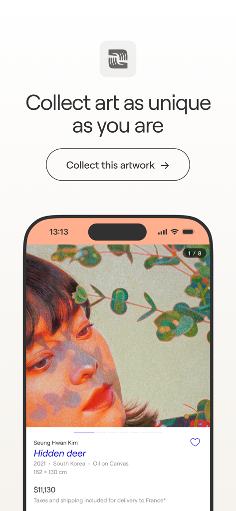 Singulart: Buy Original Art - Pantalla de iPhone mostrando una pintura al óleo original a la venta en la app Singulart con detalles de precio y obra.