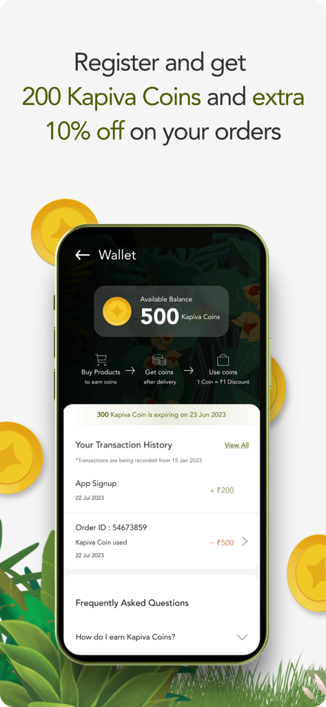 Kapiva - Kapiva mobile app wallet screen displaying reward coins balance and registration discount offer.