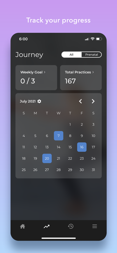 Una schermata del cruscotto dell'app Yoga Prenatale che mostra un calendario di allenamento e metriche di monitoraggio dei progressi come obiettivi settimanali e pratiche totali.