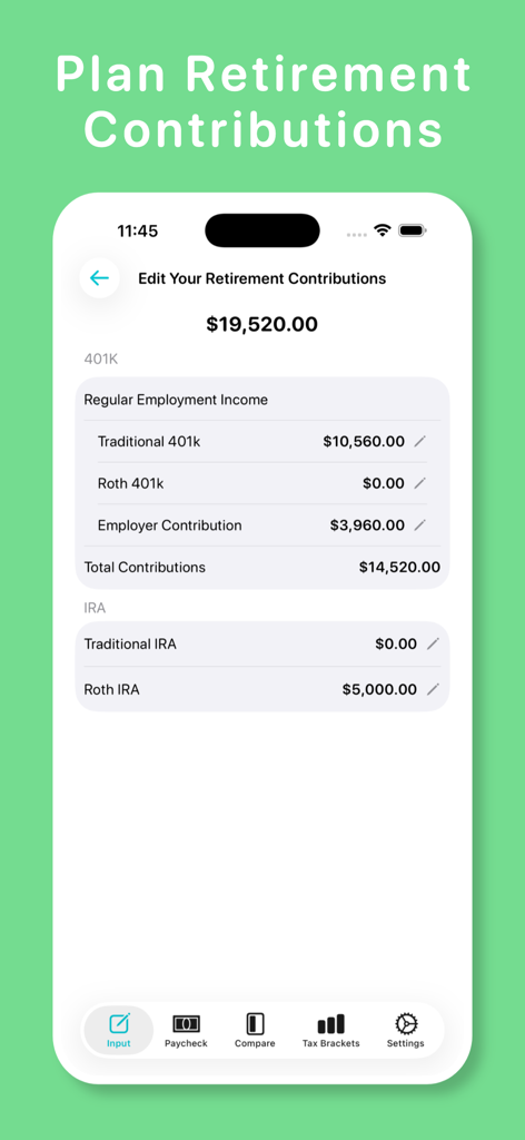 My Paycheck Calculator - My Paycheck Calculator app screen showing retirement contribution planning for 401k and IRA
