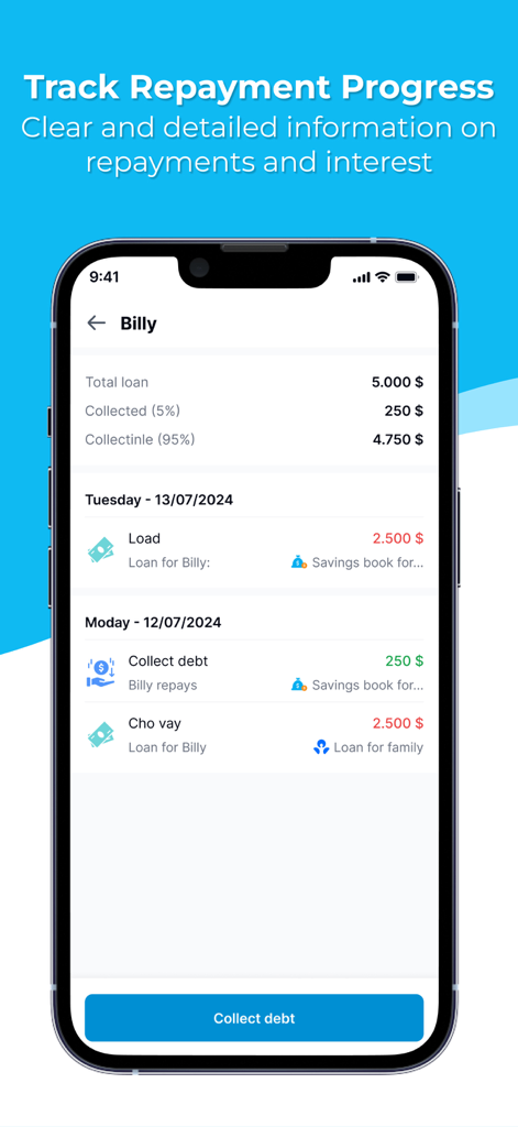 Spending Tracker-Money Manager - Schermata dello smartphone che mostra l'avanzamento dettagliato del rimborso del prestito e il tracciamento della riscossione del debito per un individuo