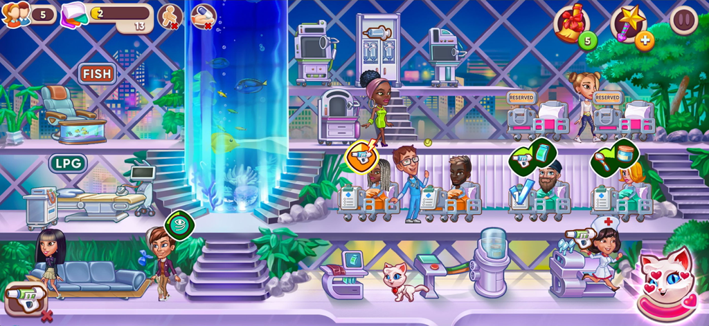 Doctor Dash 2: Clinic ASMR - Una concurrida clínica de lujo en Doctor Dash 2 Clinic ASMR con una enfermera atendiendo a pacientes en un entorno futurista.