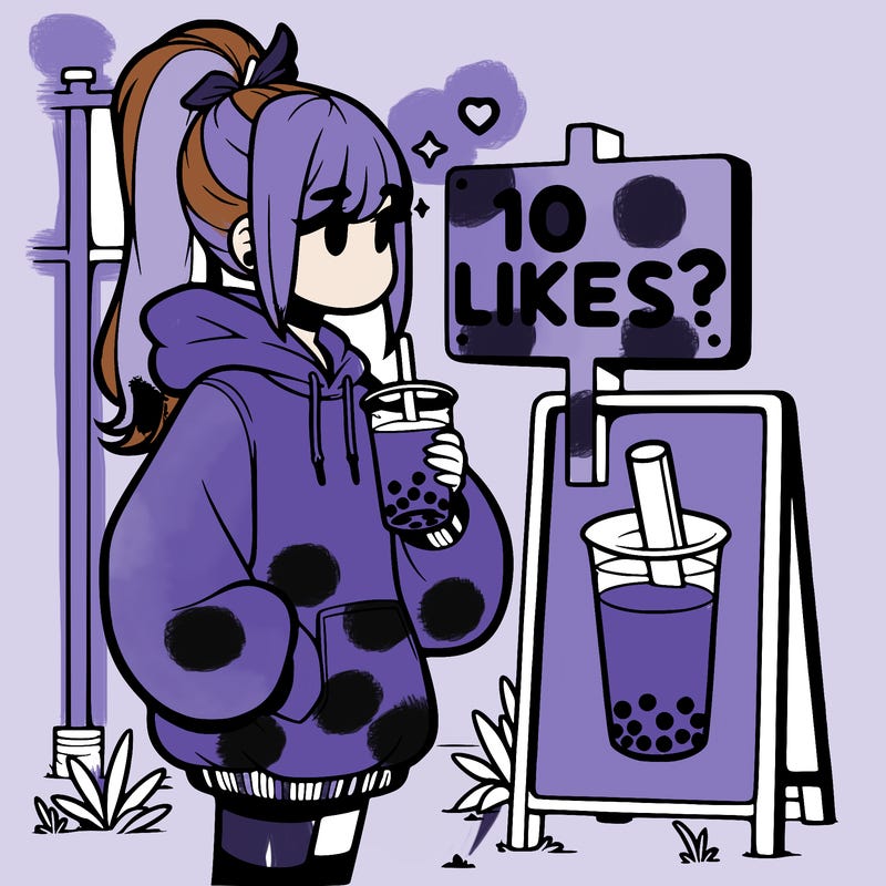 girl with oversized hoodie drinking boba and she has a high ponytail with a sign that says 10likes?