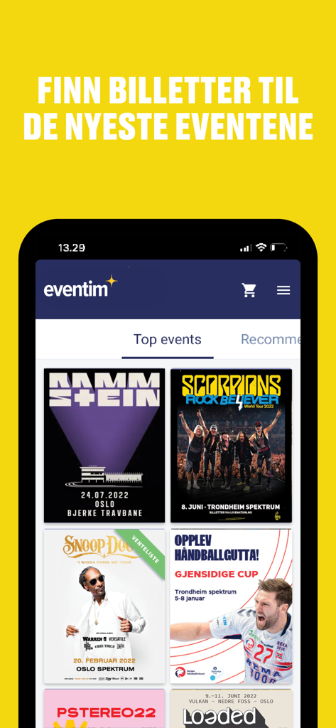 Eventim Norge - Eventim Norge mobile app home screen showing featured concerts and sports events
