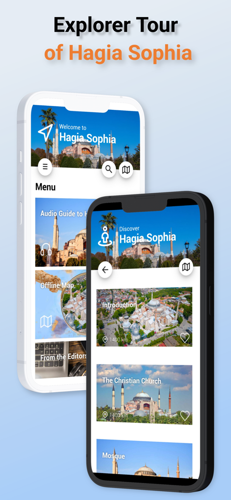 Audio Guide to Hagia Sophia - Mobile app interface of the Hagia Sophia audio guide showing the explorer tour and historical chapters
