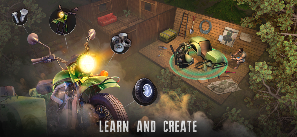 Live or Die: Zombie Survival - A survivor building a motorcycle in a post apocalyptic base with crafting icons