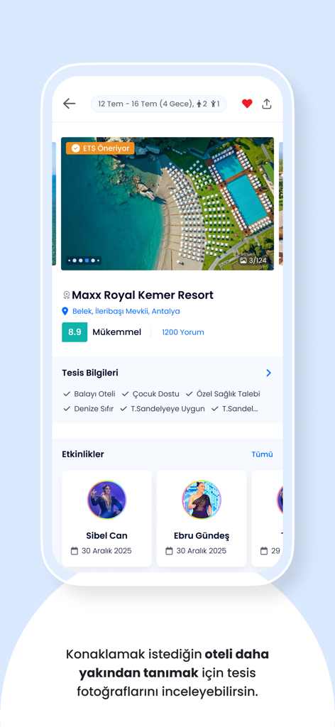 Etstur app interface showing luxury resort details for Maxx Royal Kemer in Antalya