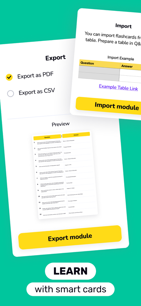 Flashcards Maker: Study Clever - Oberfläche der Flashcards Maker App, die Exportoptionen als PDF und CSV zusammen mit einer Importmodulfunktion zeigt