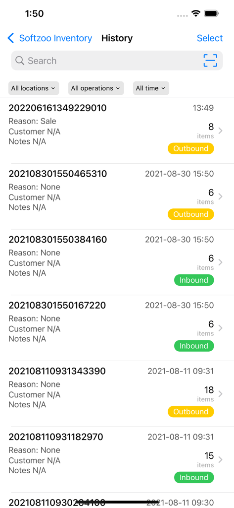 Softzoo Inventory Tracker - Screenshot des Transaktionsverlaufbildschirms in der Softzoo Inventar-Tracker-App, der eingehende und ausgehende Lagerprotokolle anzeigt