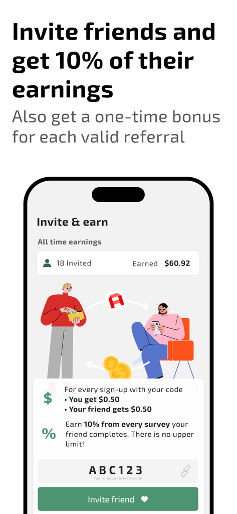 AttaPoll app screen explaining how to invite friends and earn passive income bonuses.