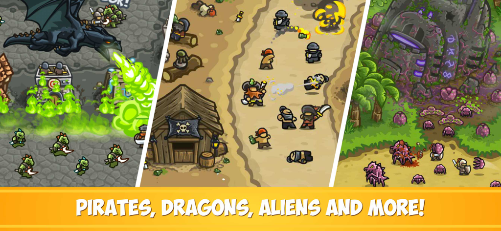 Kingdom Rush Frontiers TD - Gameplay scenes from Kingdom Rush Frontiers featuring a black dragon pirates in the desert and alien creatures near a mystical structure