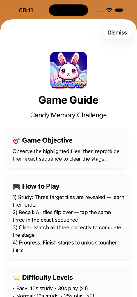 AniRetroUpTCd - Logic Candy記憶パズルアプリのゲームガイド。目的と遊び方の説明を表示。
