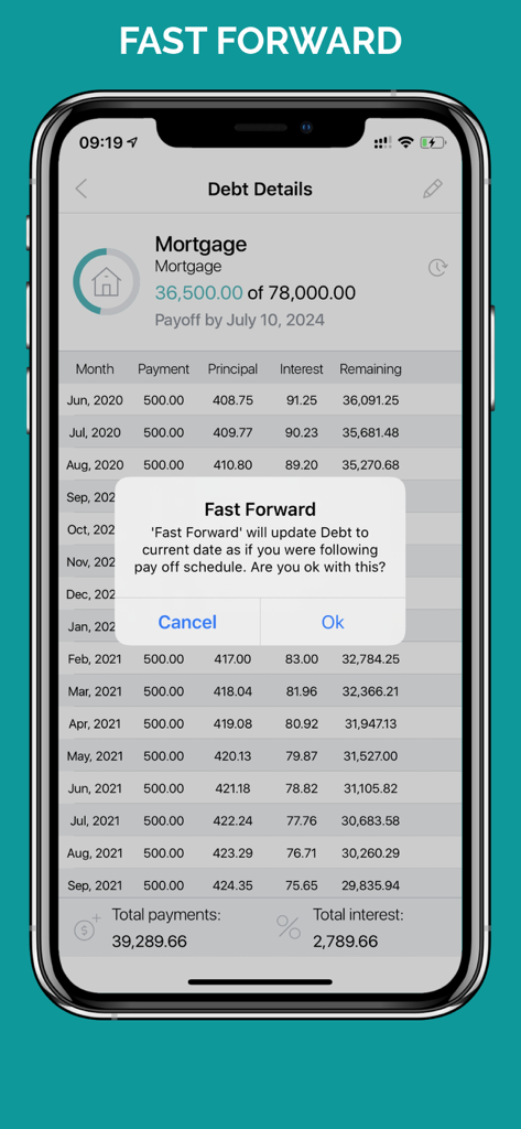 Debt Free Box: Snowball Payoff - Debt Free Box app displaying a mortgage payoff schedule and a Fast Forward notification