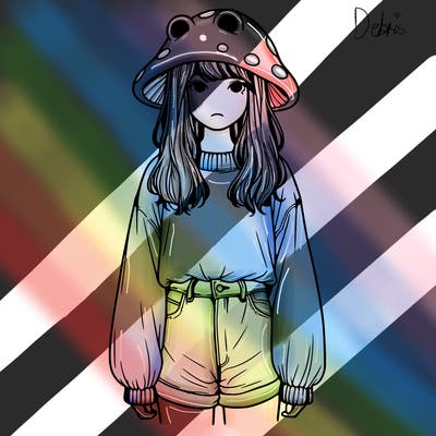 a realistic girl with a frog hat and baggy mushroom shirt