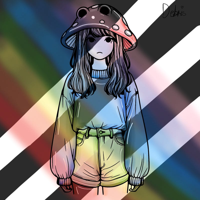 a realistic girl with a frog hat and baggy mushroom shirt